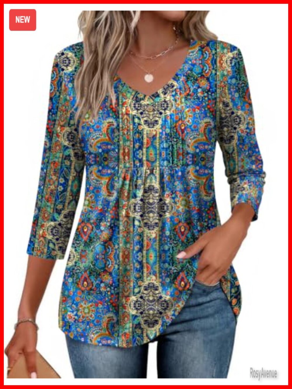 Ekouaer Women's 3/4 Sleeve V-Neck Pleated Blouse Casual Top